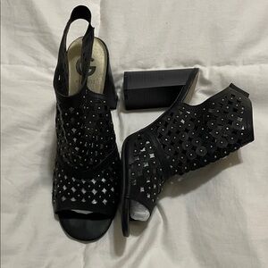 G by Guess | Peep Toe | Slingback | Black & Gold |Rivets |Heeled Shoe | Size 10M
